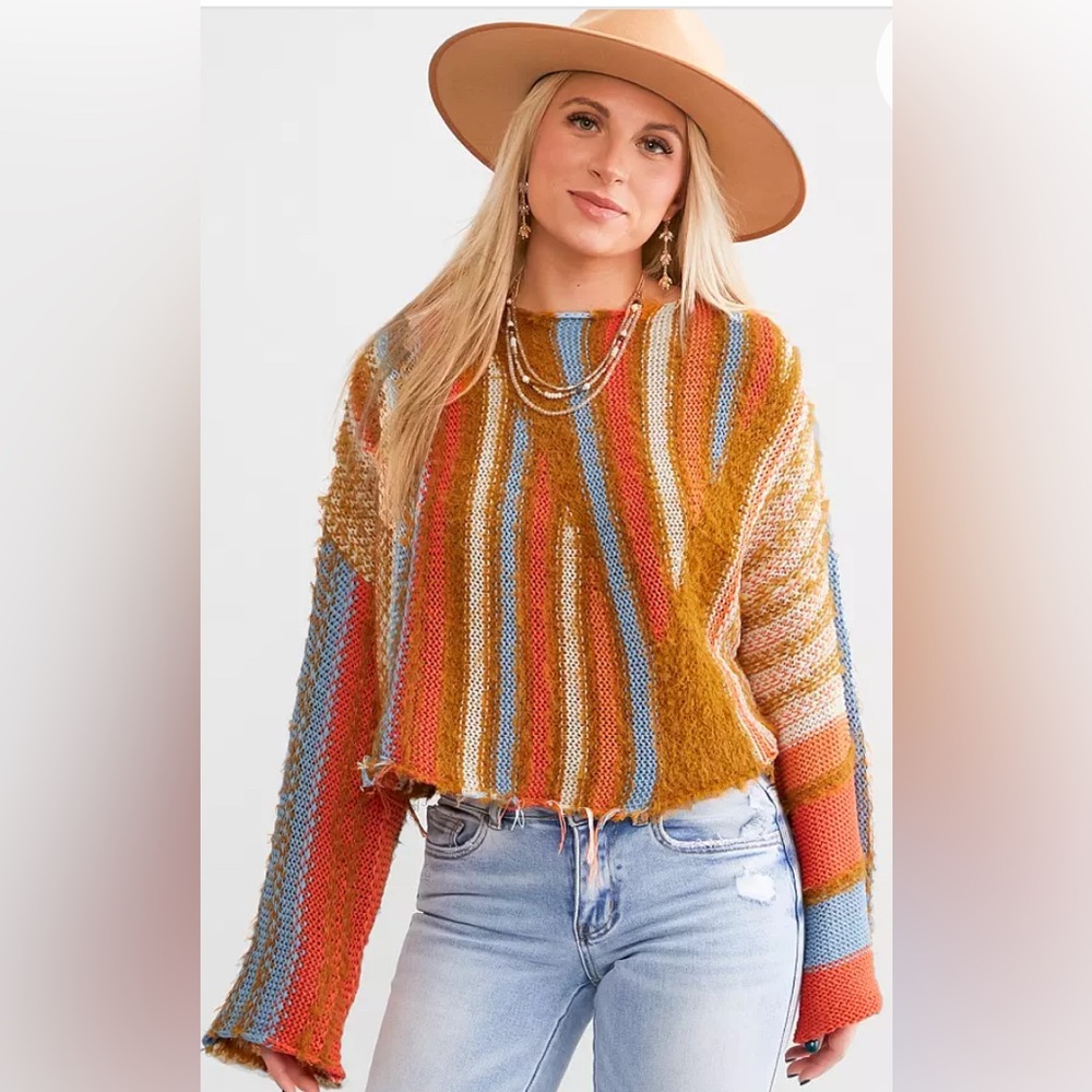 Willow & Root Open Weave Frayed Crop Sweater M Multicolor Stripes Boho Earthy